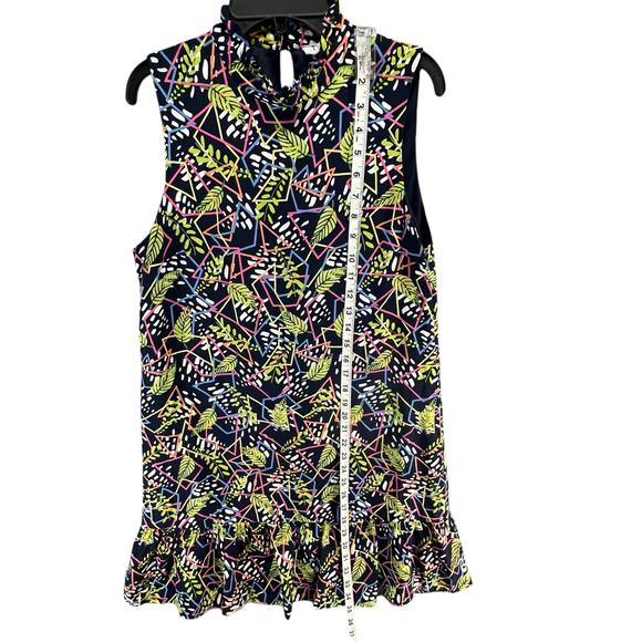 THML Dress S Blue Green Floral Geo Sleeveless Ruffle Neck Peplum Hem Boho Chic - Picture 9 of 14